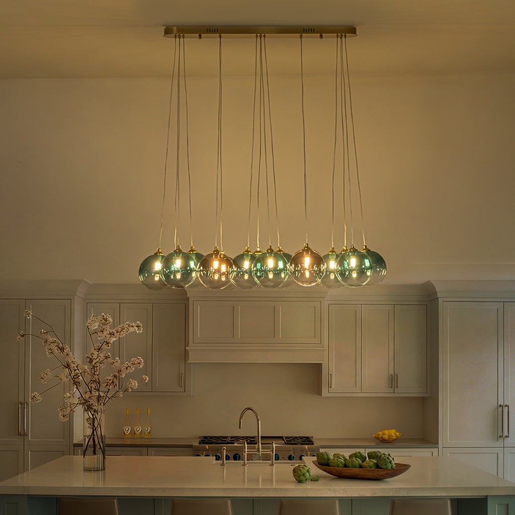16-Light Gold Linear Pendant Light Teal & Gray Ombre Glass Globes - product image 6 | Zenvolit