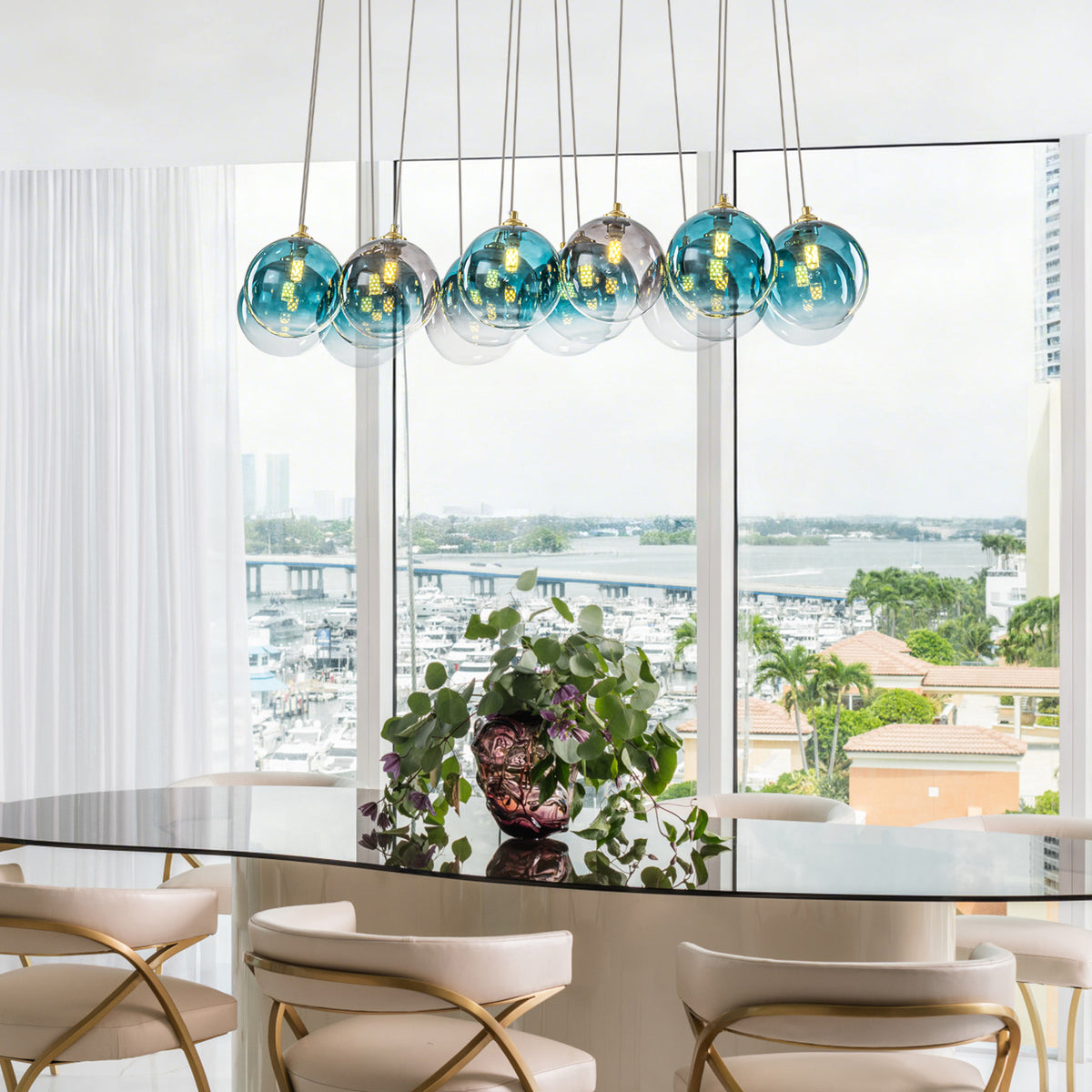 16-Light Gold Linear Pendant Light Teal & Gray Ombre Glass Globes - product image 7 | Zenvolit