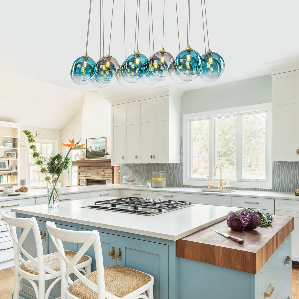 16-Light Gold Linear Pendant Light Teal & Gray Ombre Glass Globes - product image 8 | Zenvolit