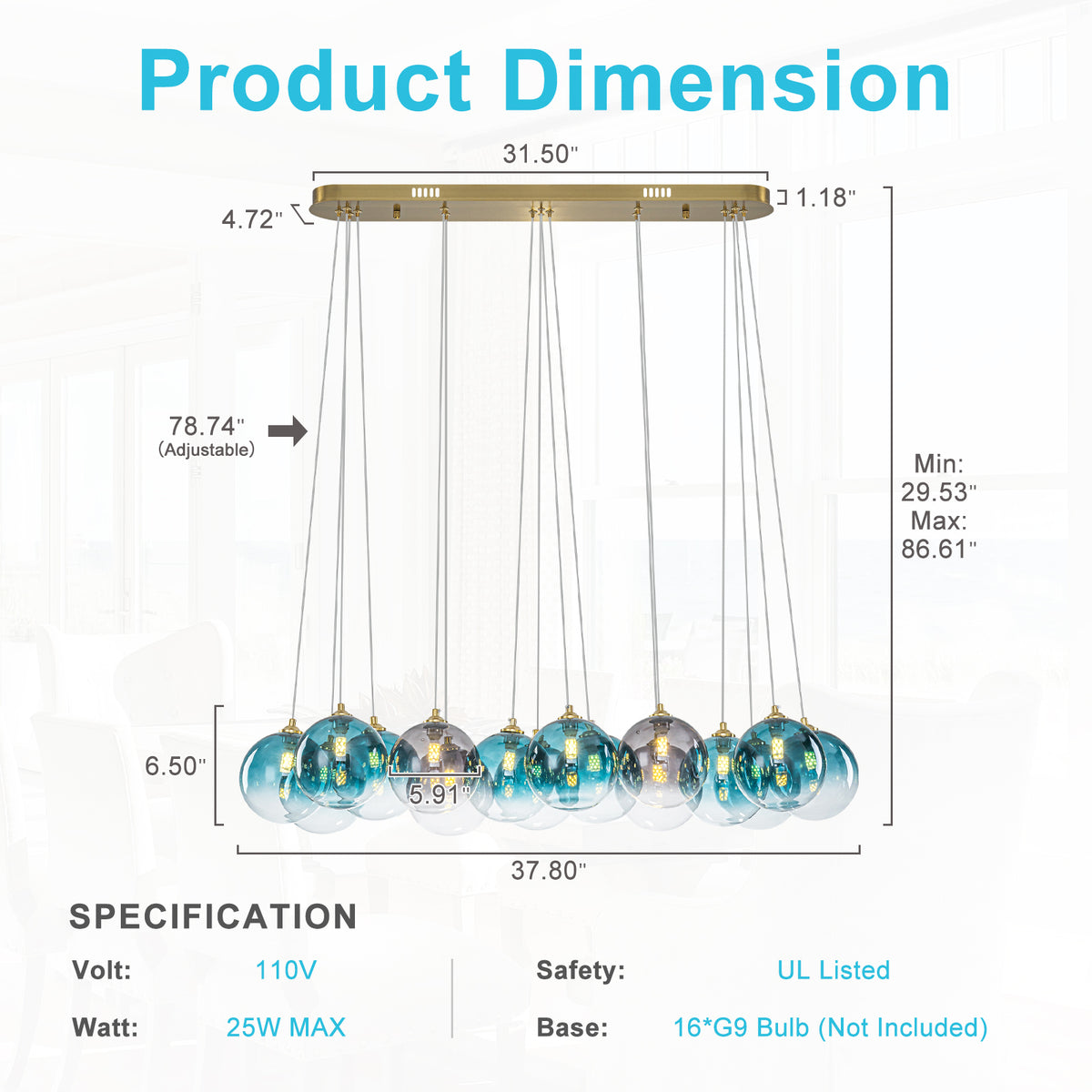 16-Light Gold Linear Pendant Light Teal & Gray Ombre Glass Globes - product image 12 | Zenvolit