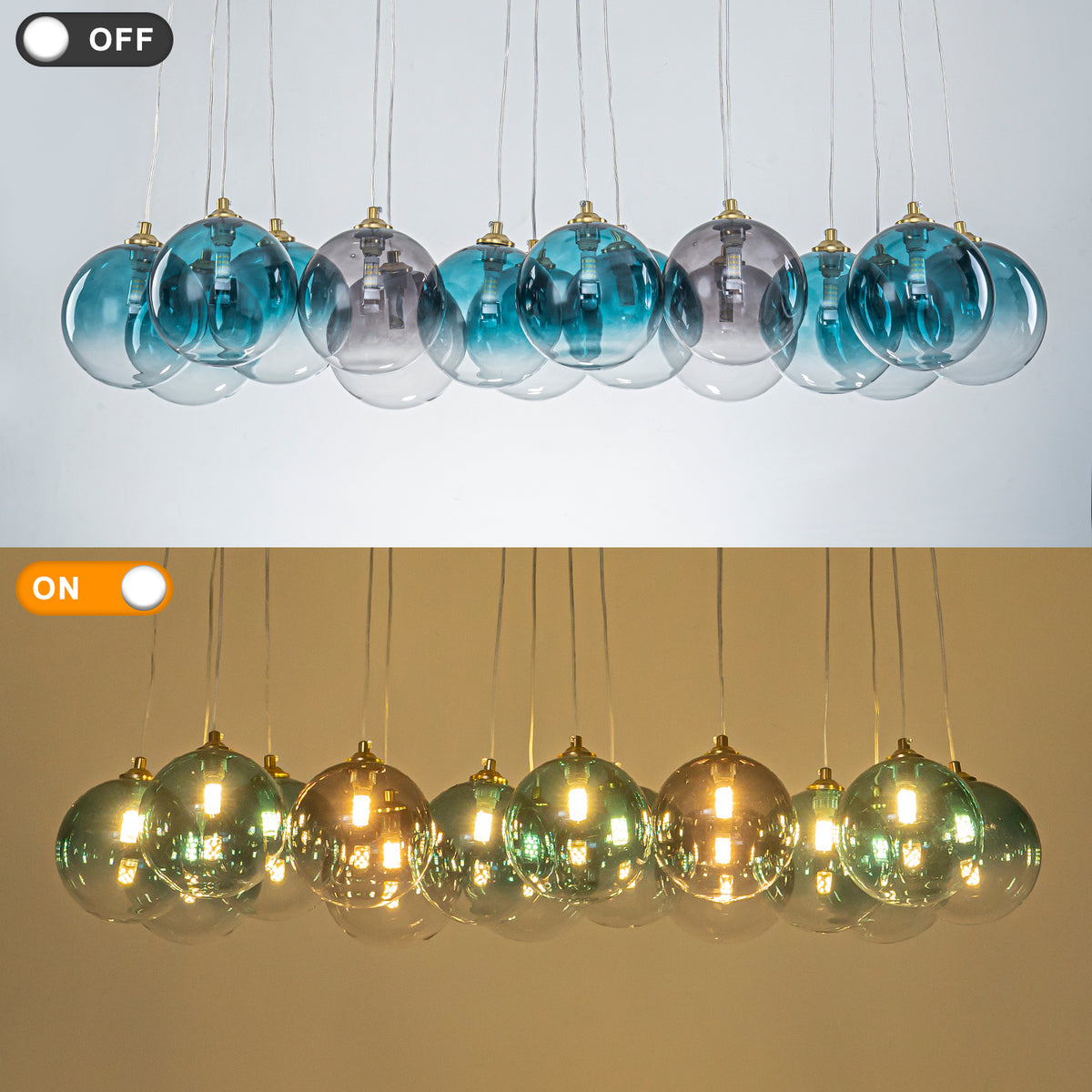 16-Light Gold Linear Pendant Light Teal & Gray Ombre Glass Globes - product image 13 | Zenvolit