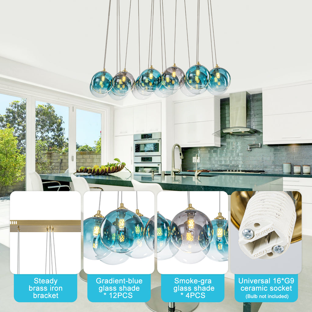 16-Light Gold Linear Pendant Light Teal & Gray Ombre Glass Globes - product image 14 | Zenvolit