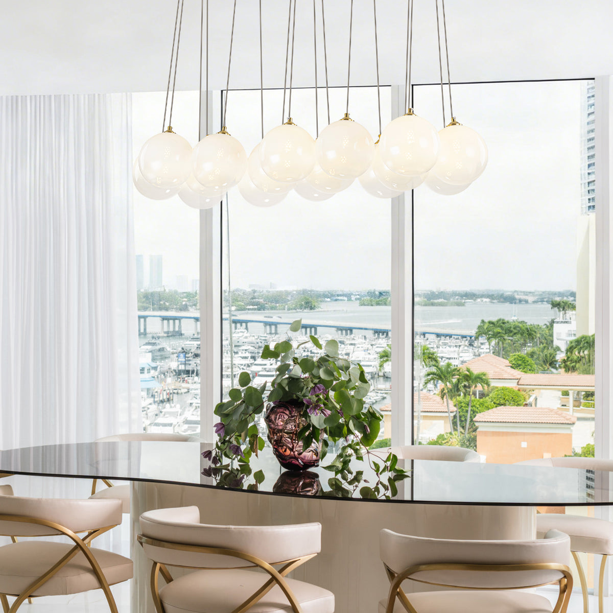 16-Light Gold Linear Cluster Pendant Light Clear to White Gradient Glass Globes - product image 7 | Zenvolit