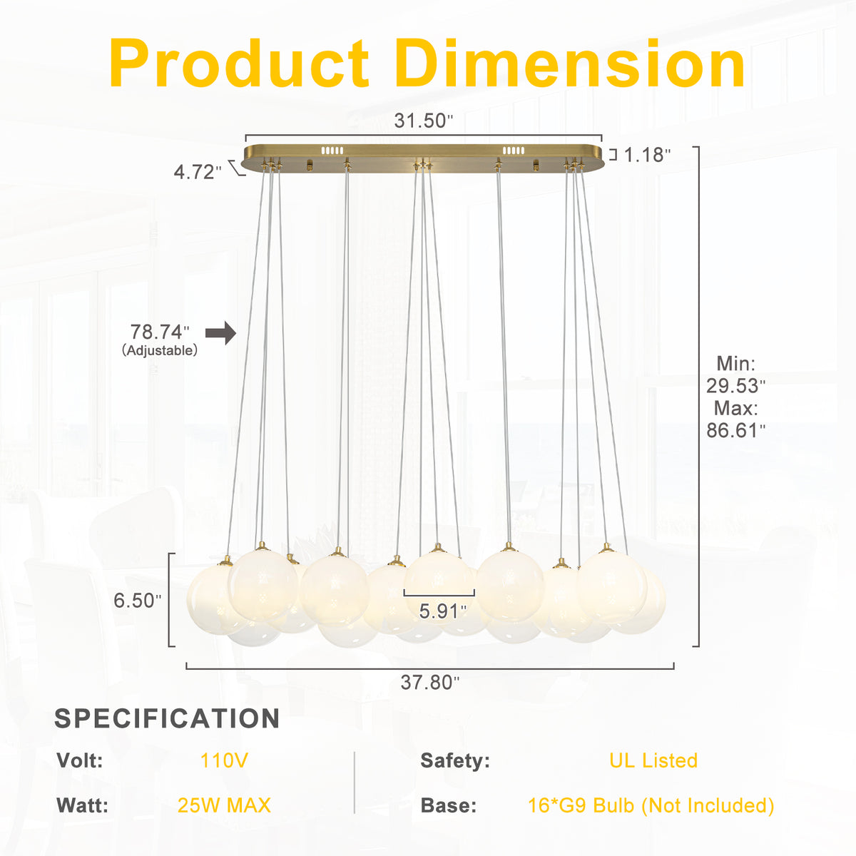 16-Light Gold Linear Cluster Pendant Light Clear to White Gradient Glass Globes - product image 11 | Zenvolit