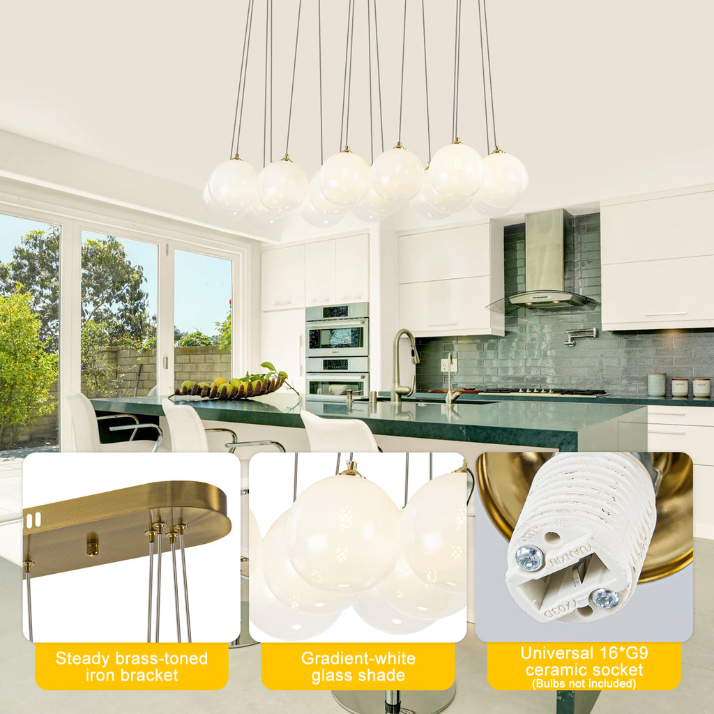 16-Light Gold Linear Cluster Pendant Light Clear to White Gradient Glass Globes - product image 13 | Zenvolit