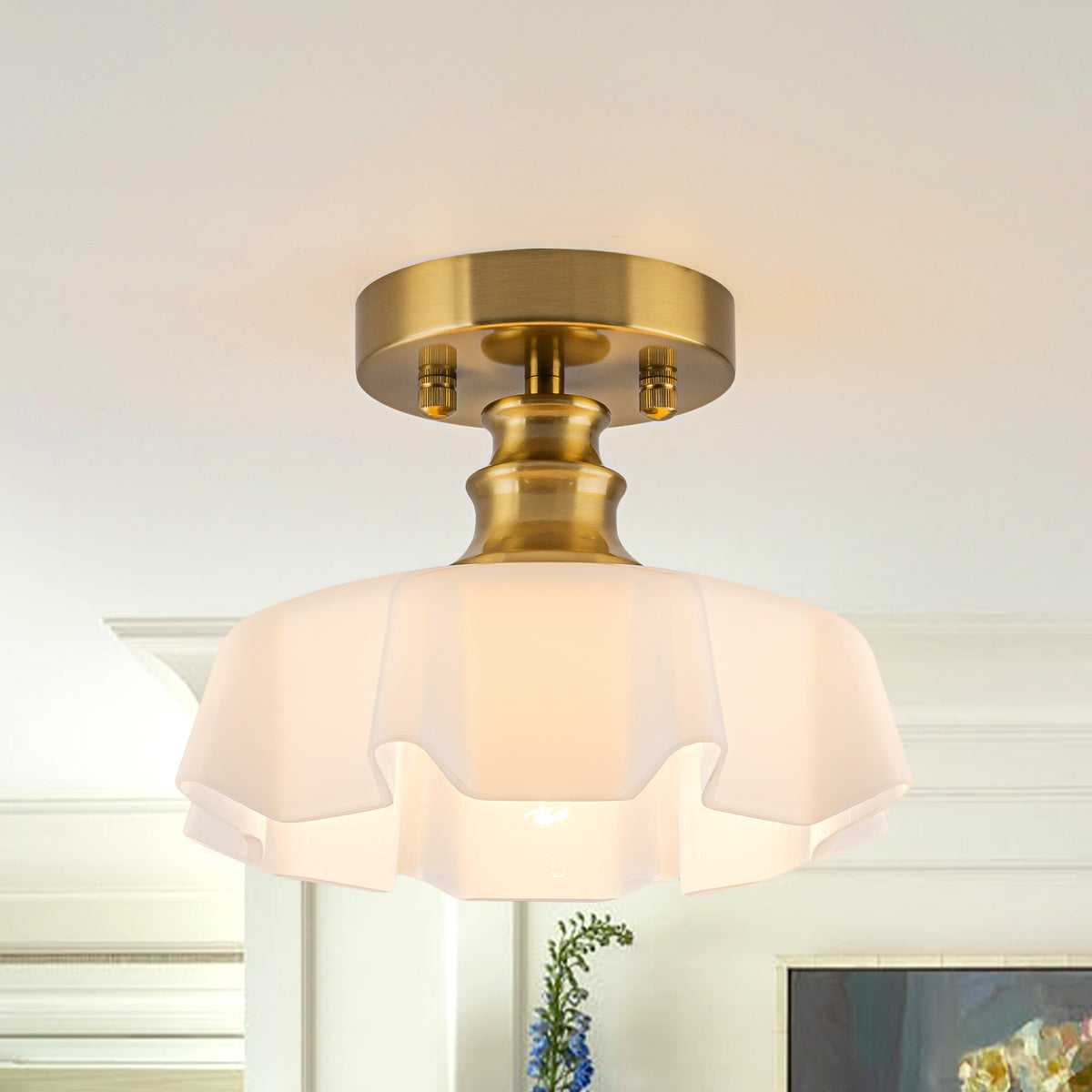 Modern Gold Semi-Flush Mount Ceiling Light White Floral Glass Shade - product image 1 | Zenvolit