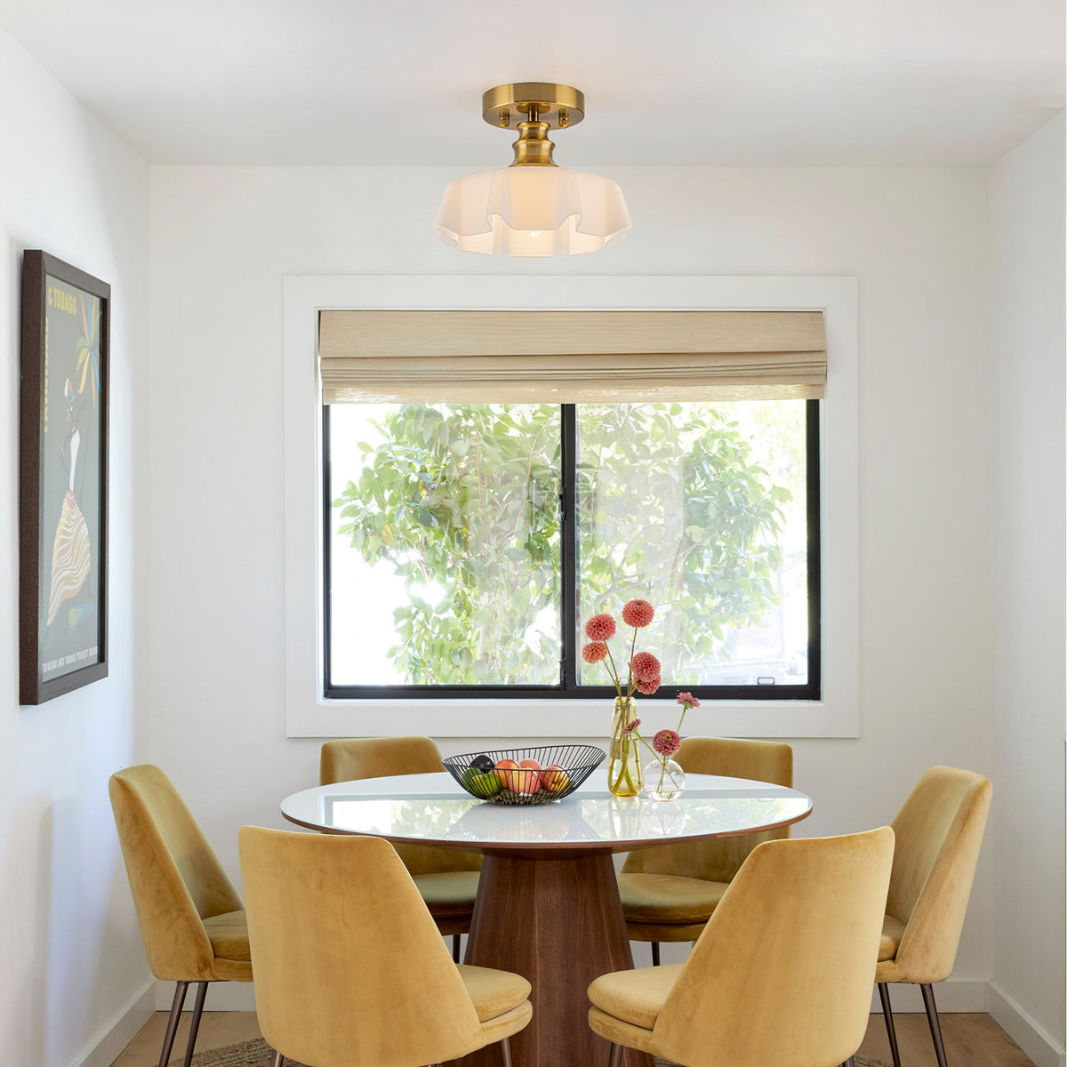 Modern Gold Semi-Flush Mount Ceiling Light White Floral Glass Shade - product image 2 | Zenvolit