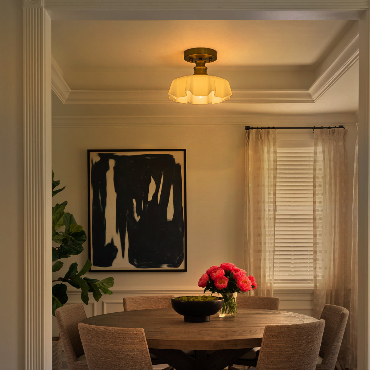 Modern Gold Semi-Flush Mount Ceiling Light White Floral Glass Shade - product image 3 | Zenvolit