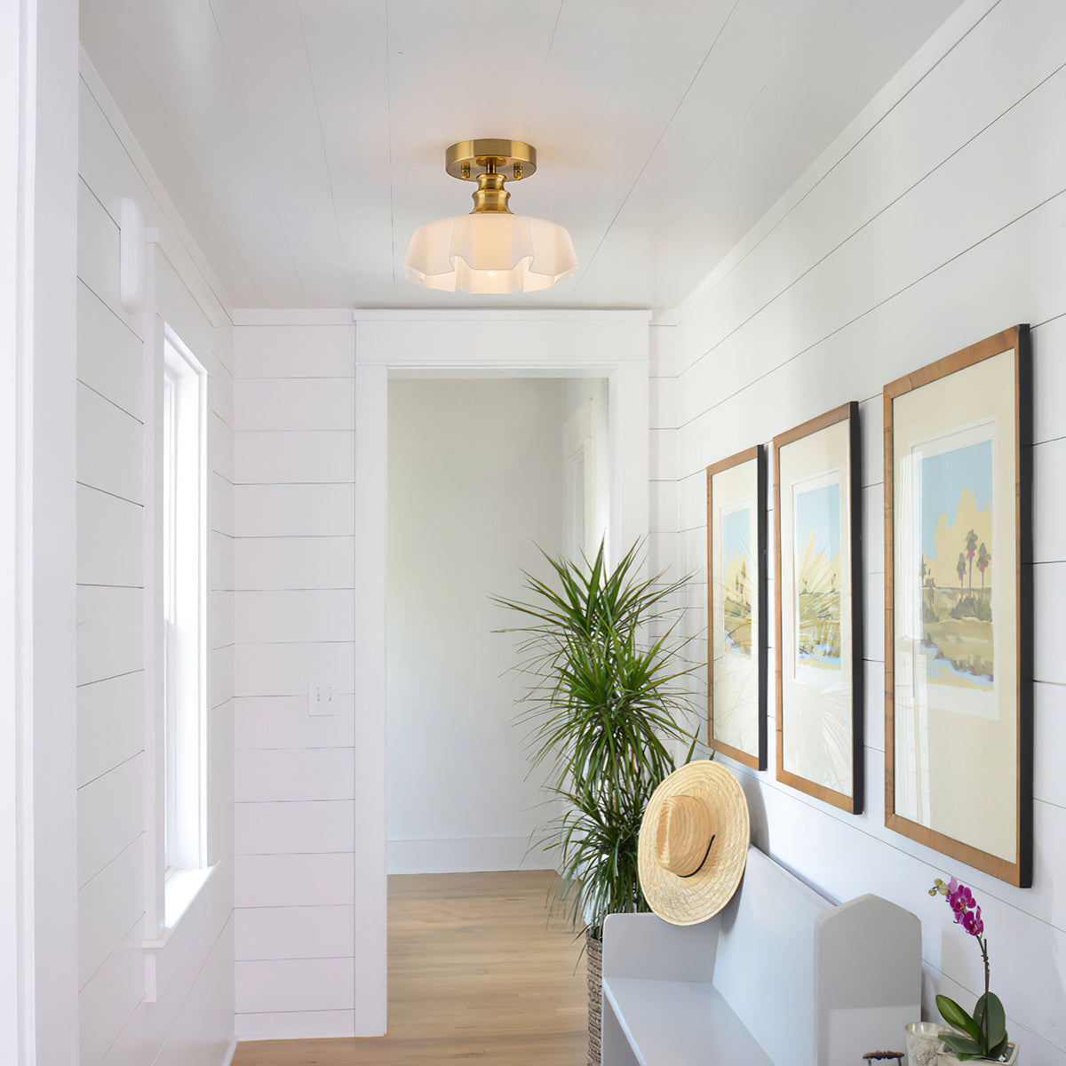 Modern Gold Semi-Flush Mount Ceiling Light White Floral Glass Shade - product image 4 | Zenvolit