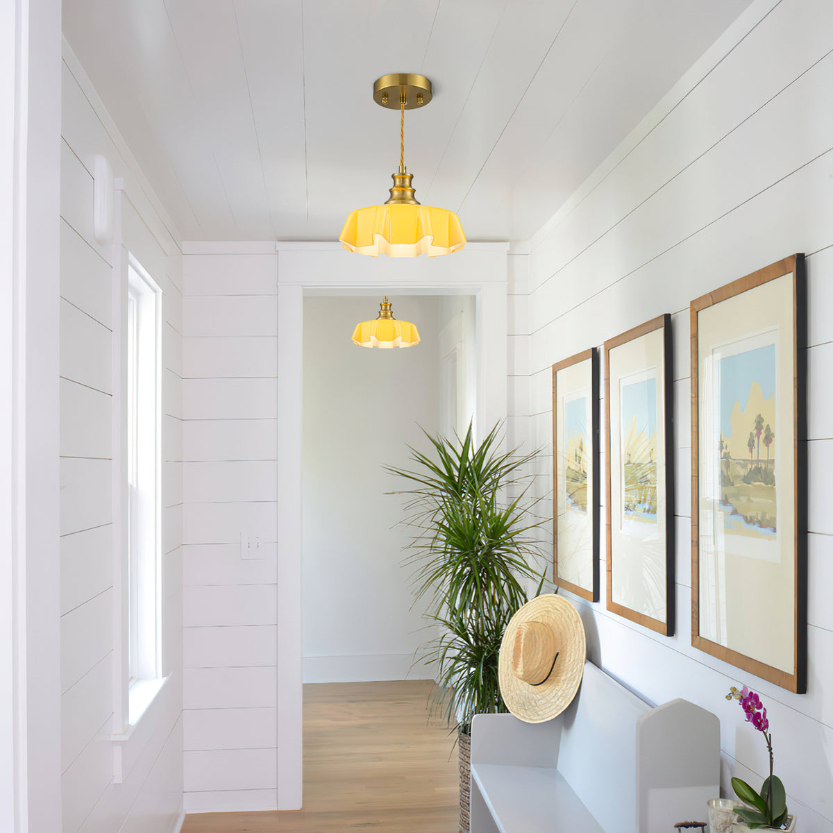 Yellow Ruffled Glass Gold Pendant Light for Kitchen Dinning room - product image 4 | Zenvolit