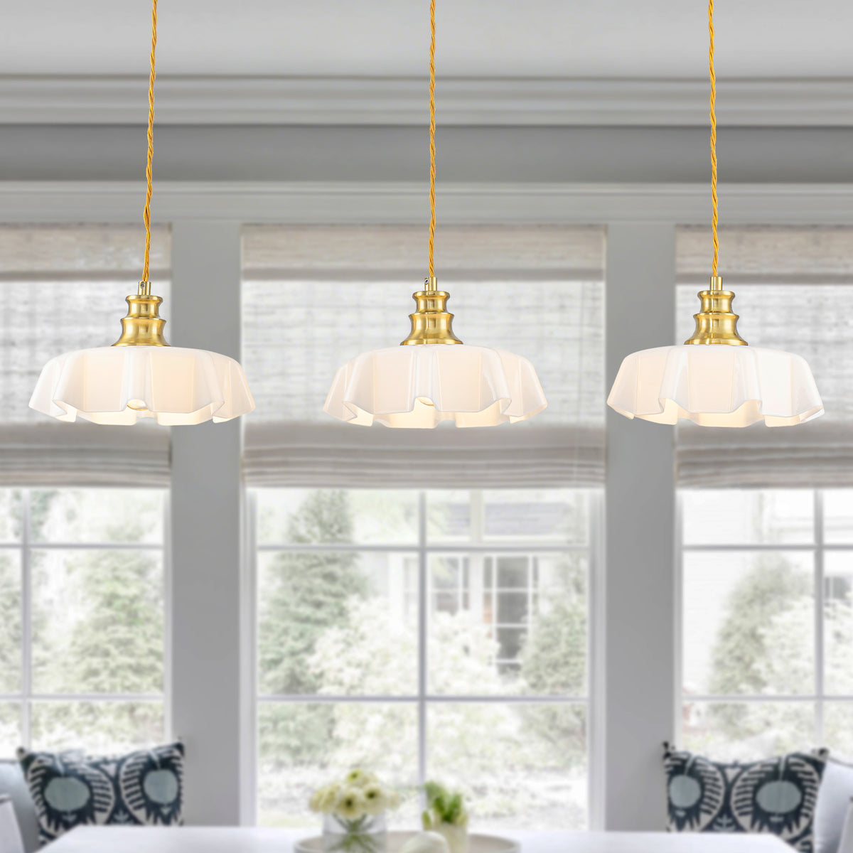 Linear Kitchen Island Pendant Light White Ruffled Glass Petal Shades - product image 1 | Zenvolit