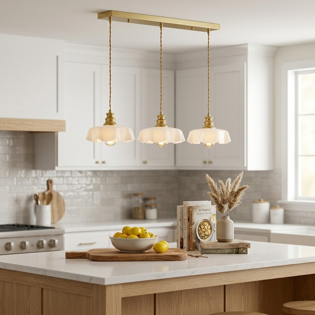 Linear Kitchen Island Pendant Light White Ruffled Glass Petal Shades