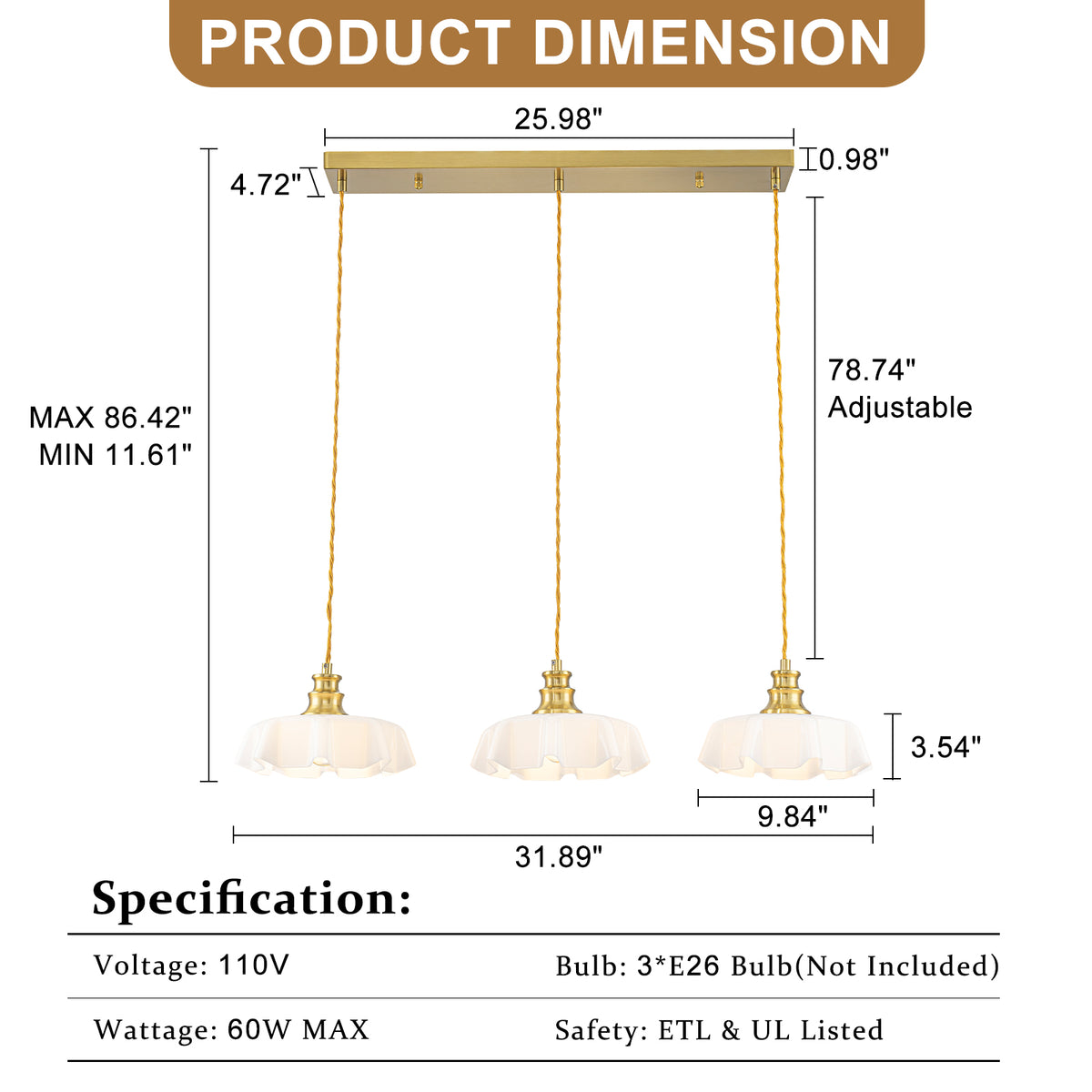 Linear Kitchen Island Pendant Light White Ruffled Glass Petal Shades