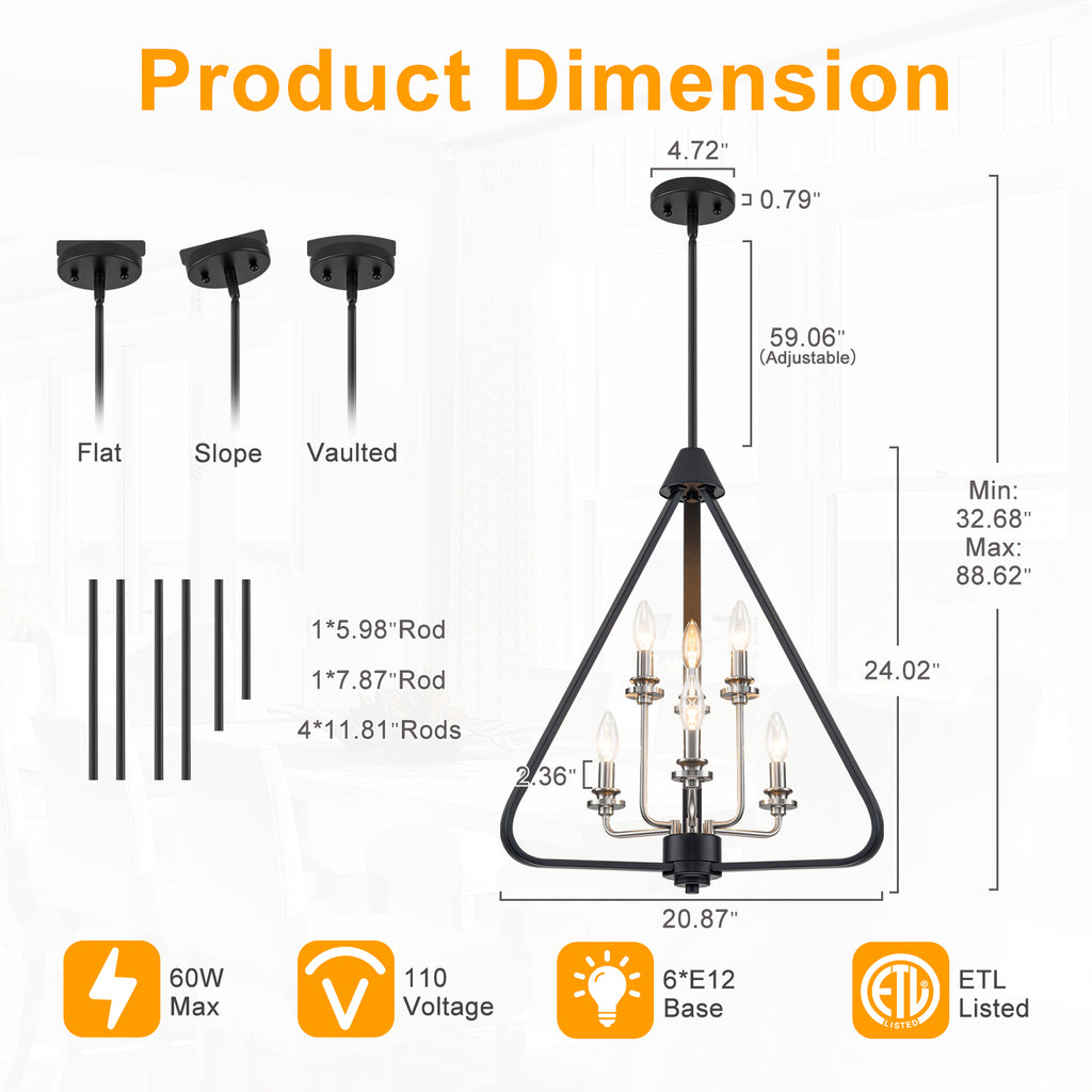Industrial 6-Light Black & Nickel Tiered Pendant Chandelier Fixture - product image 1 | Zenvolit