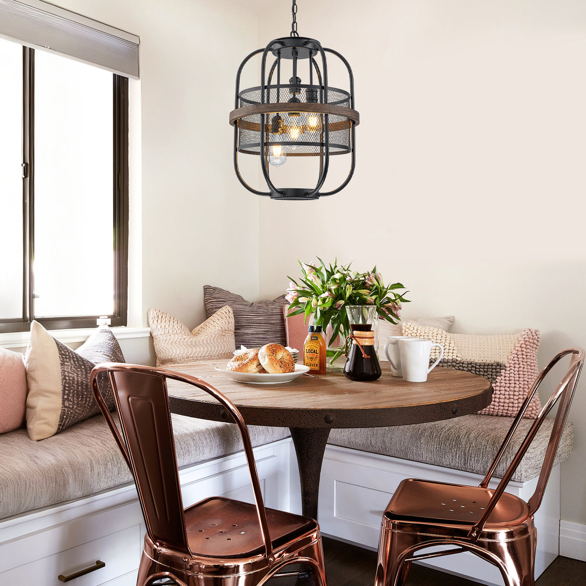 4-Light Industrial Farmhouse Black Lantern Mesh Pendant Chandelier - product image 2 | Zenvolit