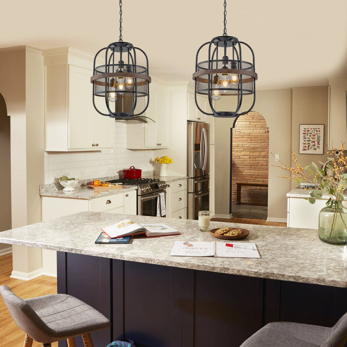 4-Light Industrial Farmhouse Black Lantern Mesh Pendant Chandelier - product image 4 | Zenvolit