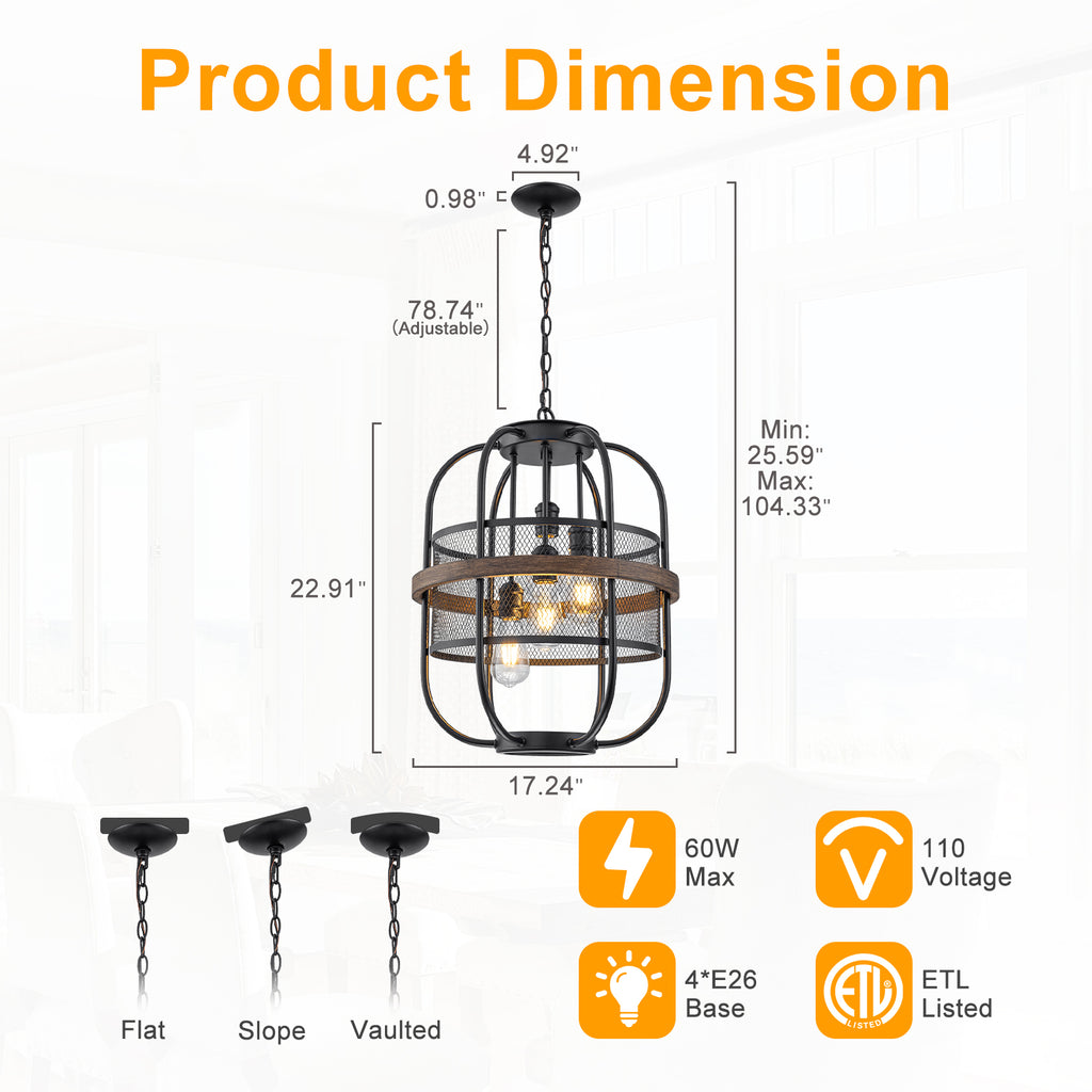 4-Light Industrial Farmhouse Black Lantern Mesh Pendant Chandelier - product image 6 | Zenvolit