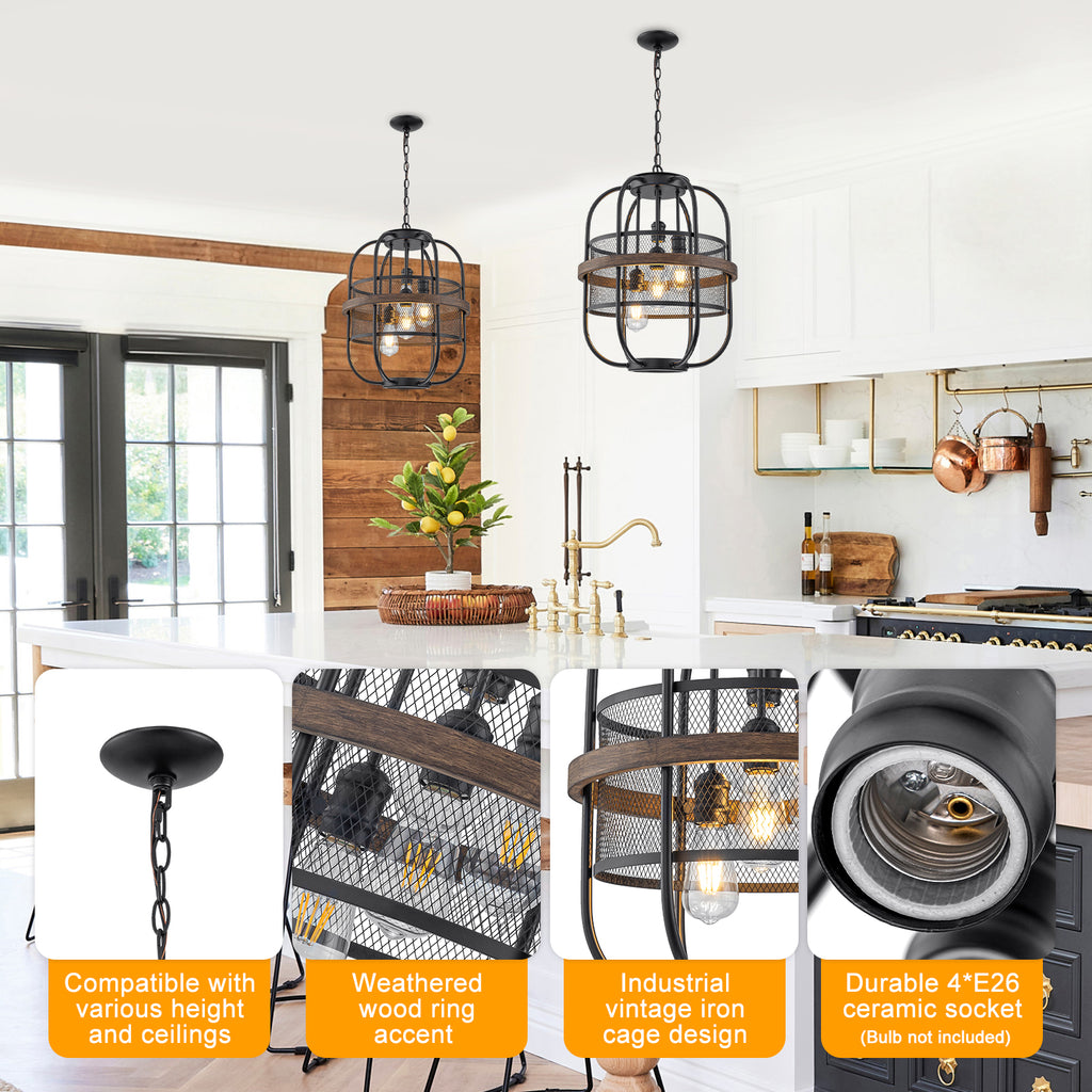 4-Light Industrial Farmhouse Black Lantern Mesh Pendant Chandelier - product image 8 | Zenvolit