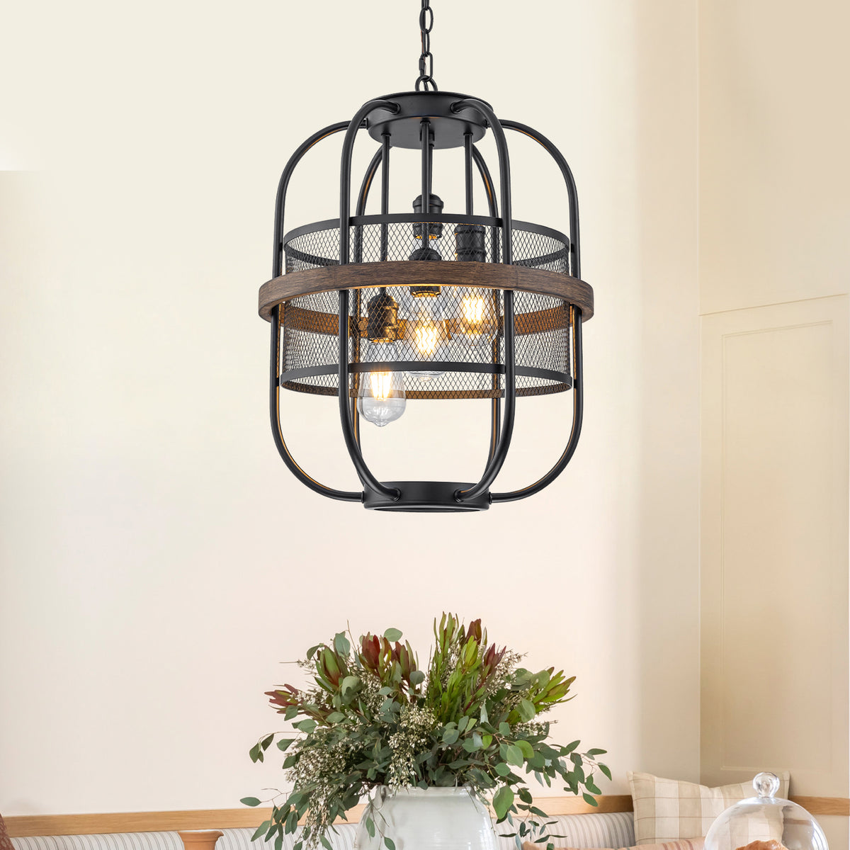4-Light Industrial Farmhouse Black Lantern Mesh Pendant Chandelier - product image 11 | Zenvolit