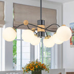 6-Light Modern Sputnik Chandelier with Wood Accents White Glass Globe - product image 1 | Zenvolit