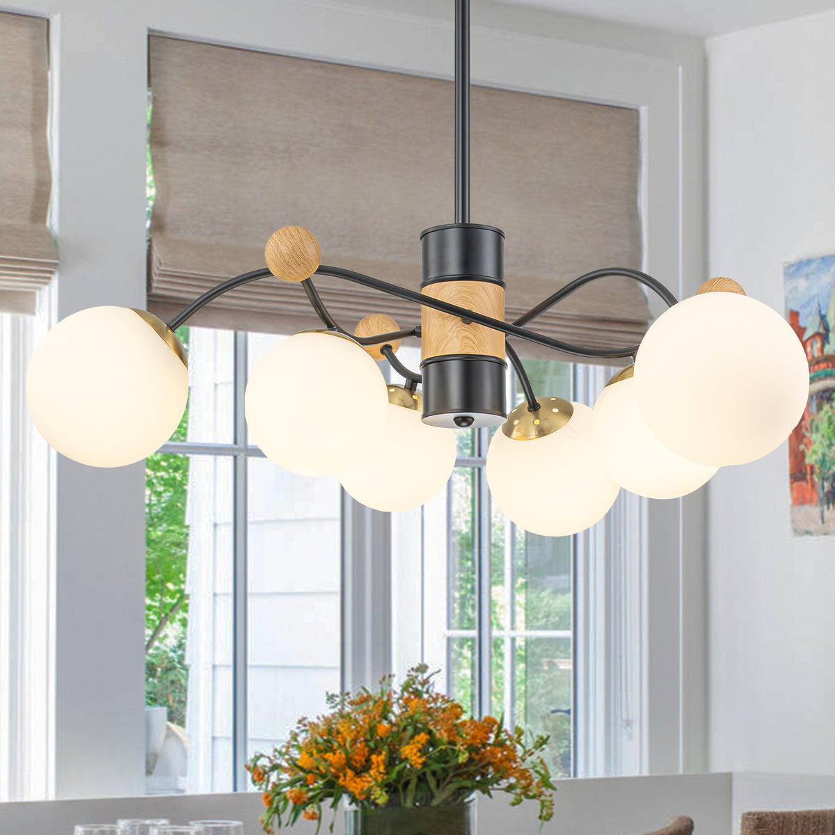 6-Light Modern Sputnik Chandelier with Wood Accents White Glass Globe - product image 1 | Zenvolit