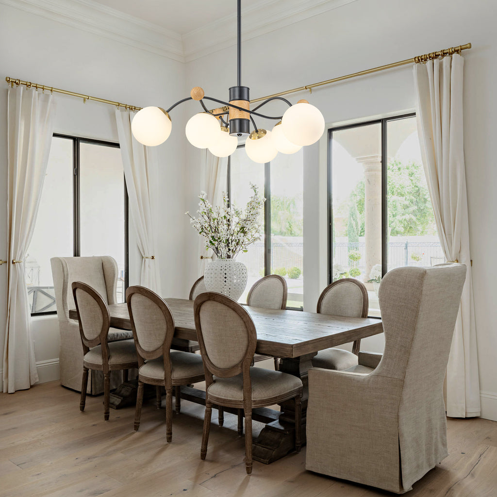 6-Light Modern Sputnik Chandelier with Wood Accents White Glass Globe - product image 2 | Zenvolit