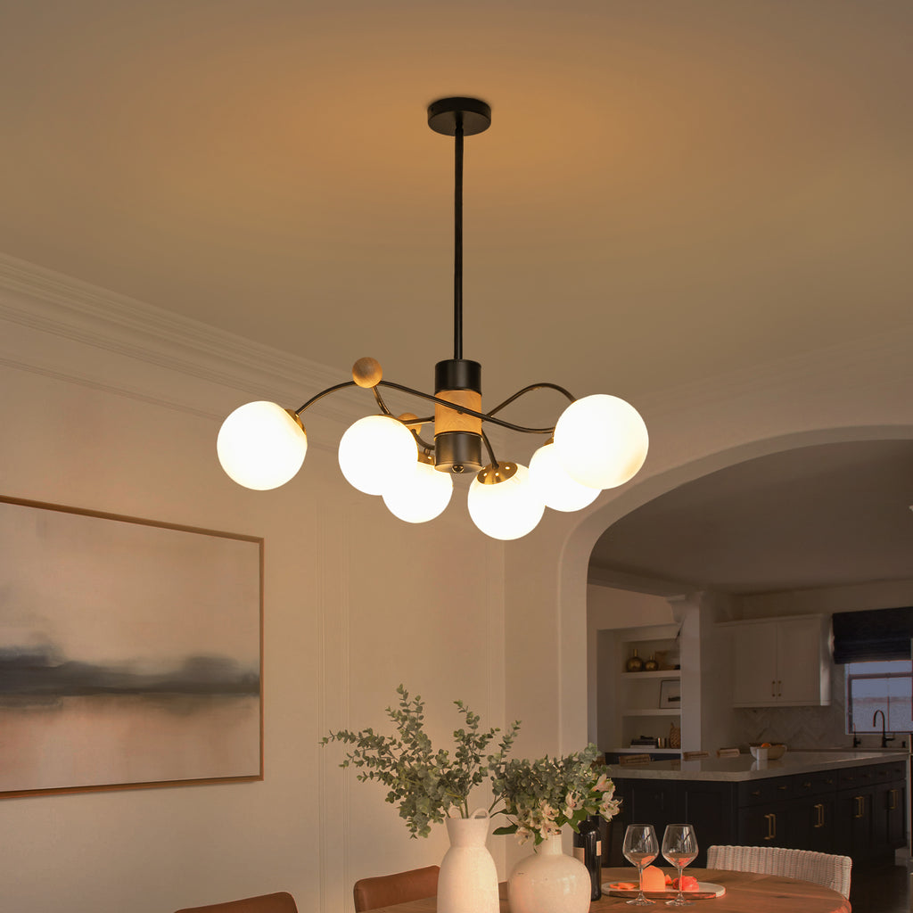 6-Light Modern Sputnik Chandelier with Wood Accents White Glass Globe - product image 3 | Zenvolit