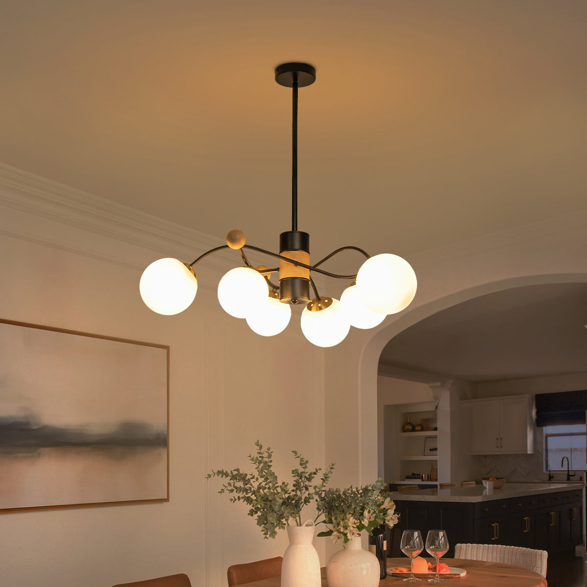 6-Light Modern Sputnik Chandelier with Wood Accents White Glass Globe - product image 3 | Zenvolit