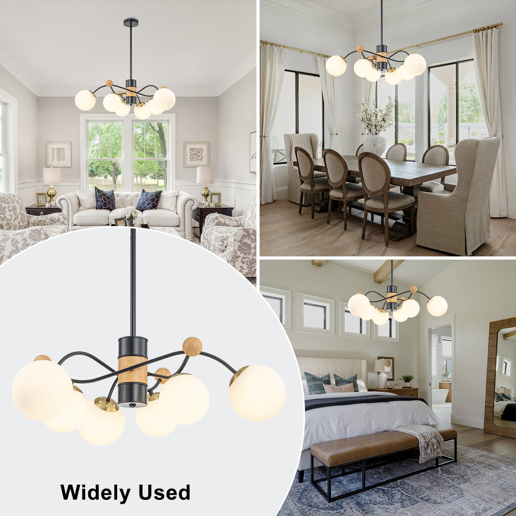 6-Light Modern Sputnik Chandelier with Wood Accents White Glass Globe - product image 6 | Zenvolit