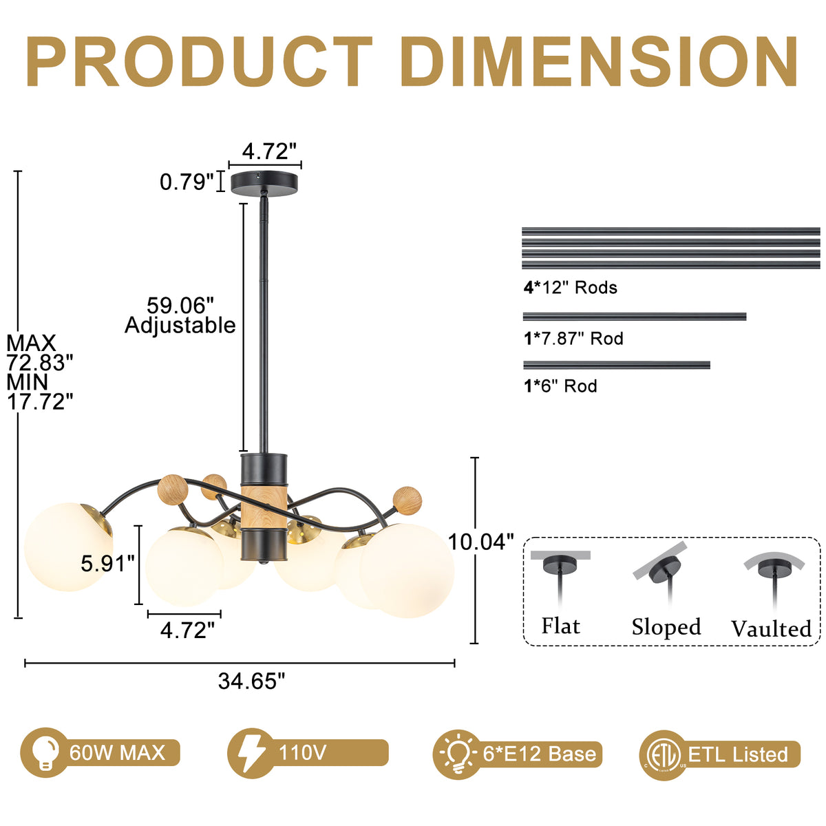 6-Light Modern Sputnik Chandelier with Wood Accents White Glass Globe - product image 7 | Zenvolit