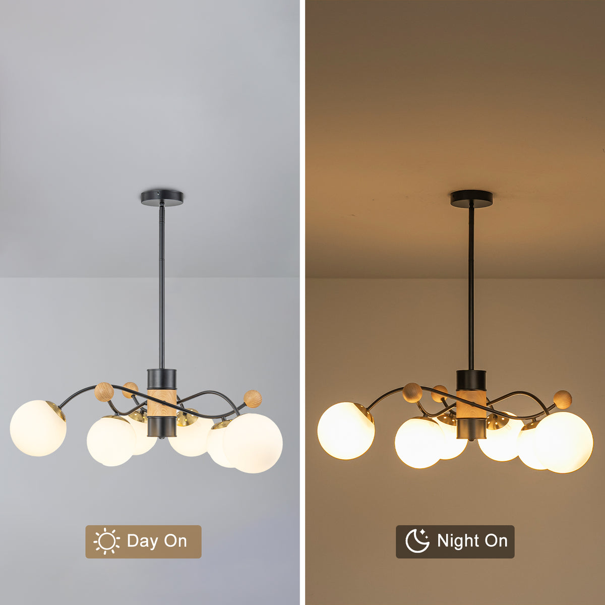 6-Light Modern Sputnik Chandelier with Wood Accents White Glass Globe - product image 8 | Zenvolit
