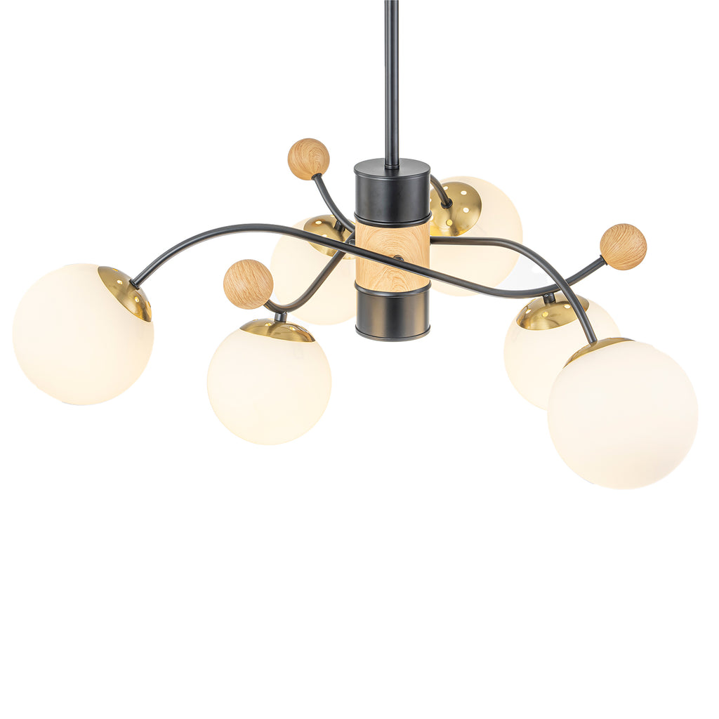 6-Light Modern Sputnik Chandelier with Wood Accents White Glass Globe - product image 9 | Zenvolit