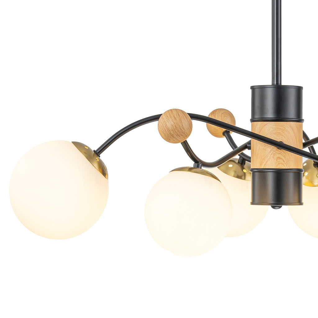 6-Light Modern Sputnik Chandelier with Wood Accents White Glass Globe - product image 10 | Zenvolit