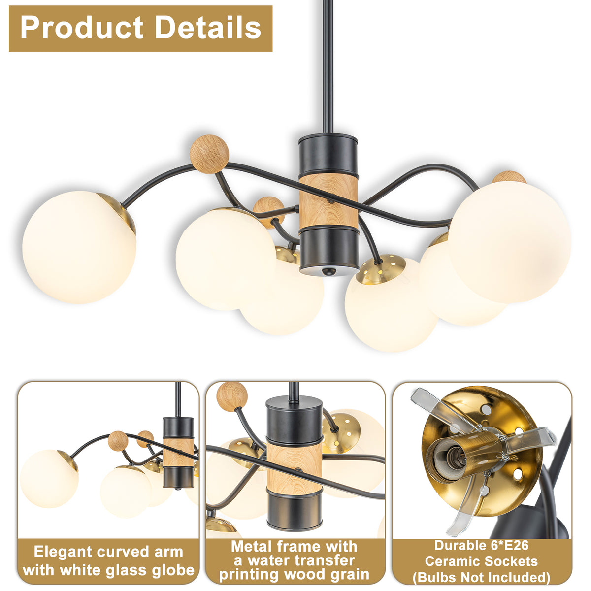 6-Light Modern Sputnik Chandelier with Wood Accents White Glass Globe - product image 14 | Zenvolit