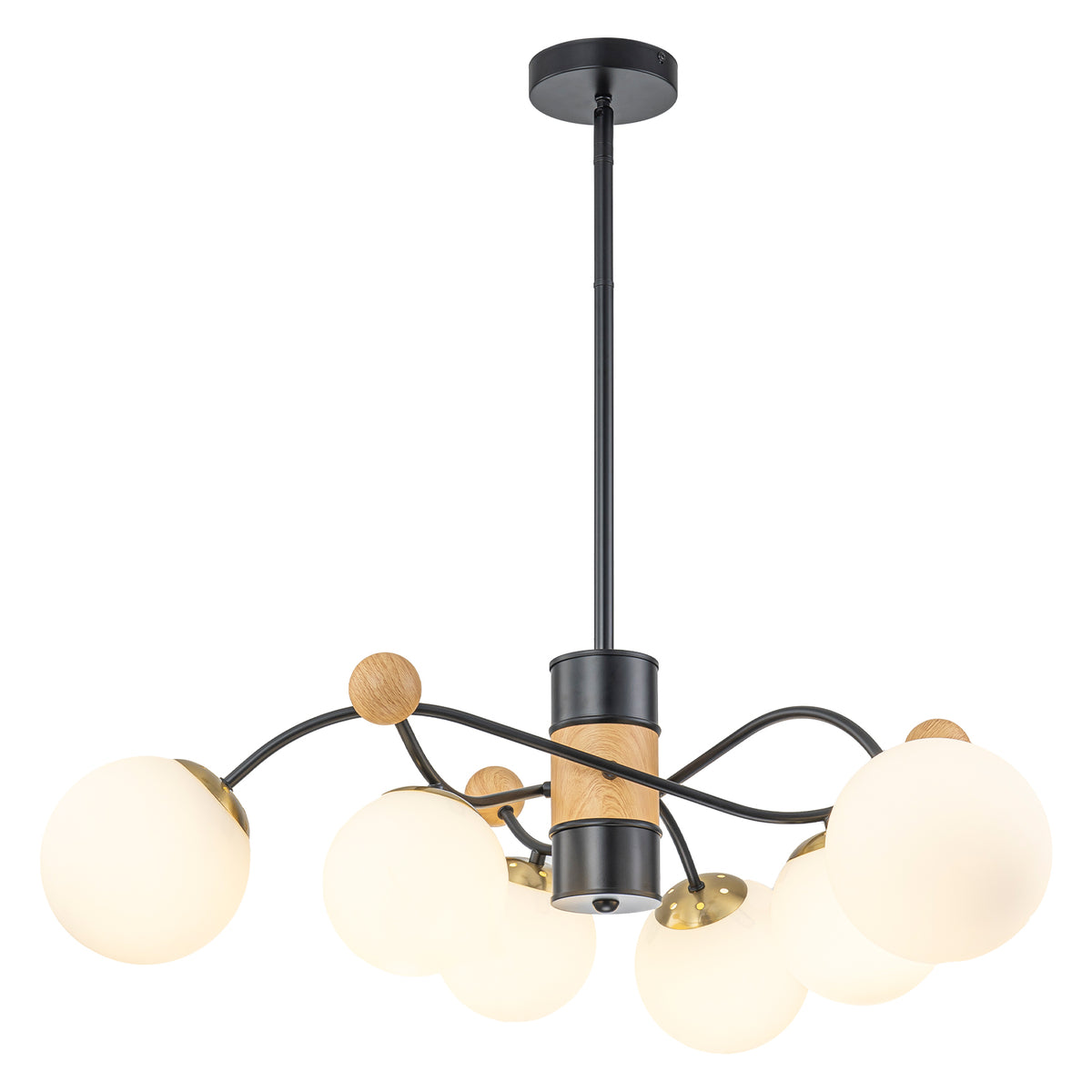 6-Light Modern Sputnik Chandelier with Wood Accents White Glass Globe - product image 15 | Zenvolit
