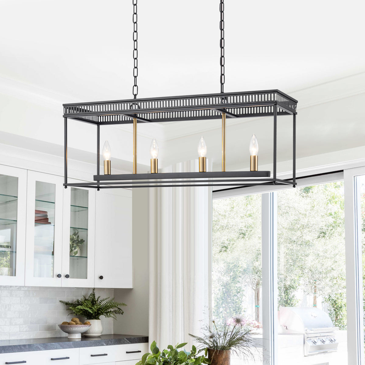 4-Light Black Industrial Rectangular Caged Chandelier Kitchen Island
