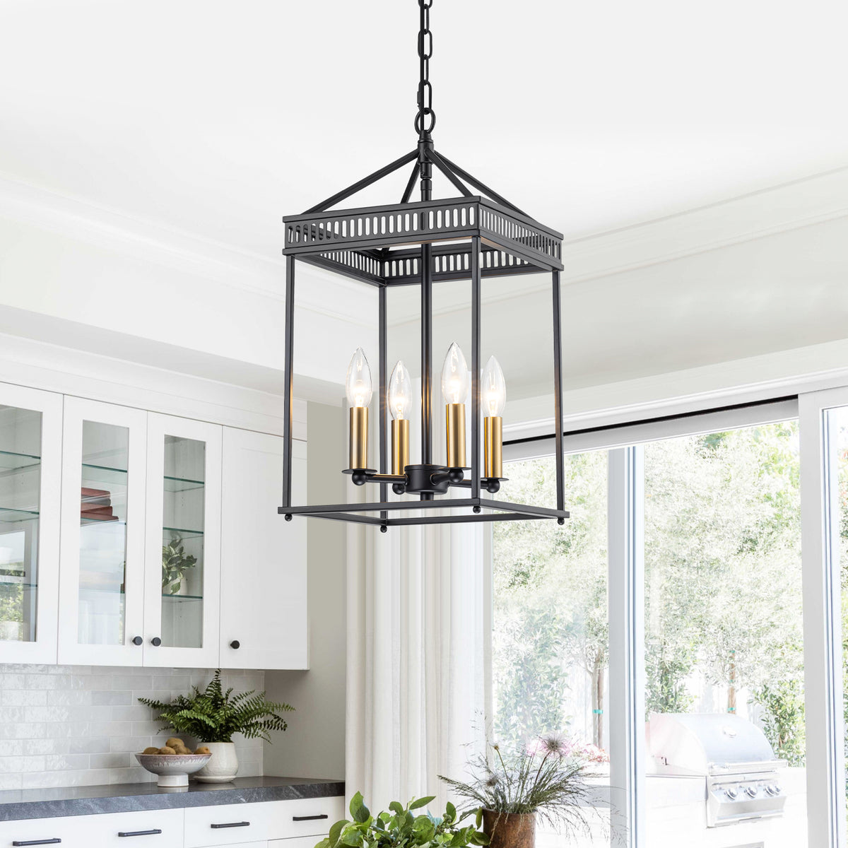 4-Light Industrial Black Square Cage Pendant Chandelier for Kitchen