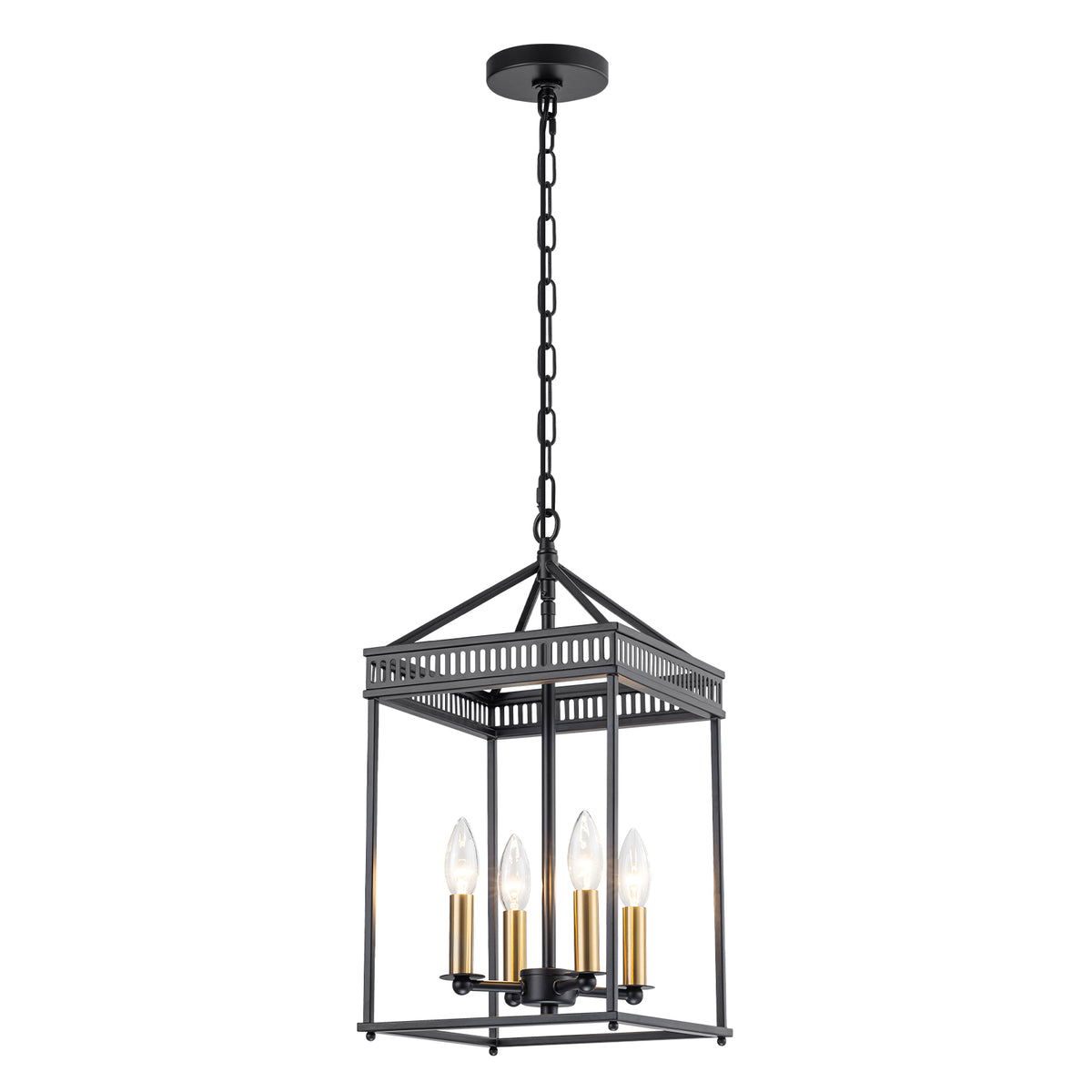 4-Light Industrial Black Square Cage Pendant Chandelier for Kitchen
