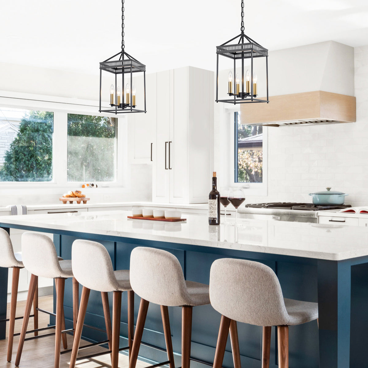 4-Light Industrial Black Square Cage Pendant Chandelier for Kitchen