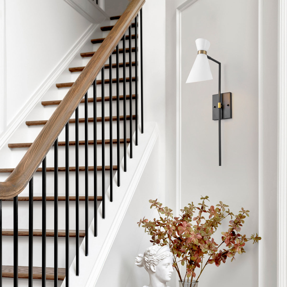 1-Light Black Indoor Wall Sconce with White Cone Metal Shade Modern - product image 3 | Zenvolit