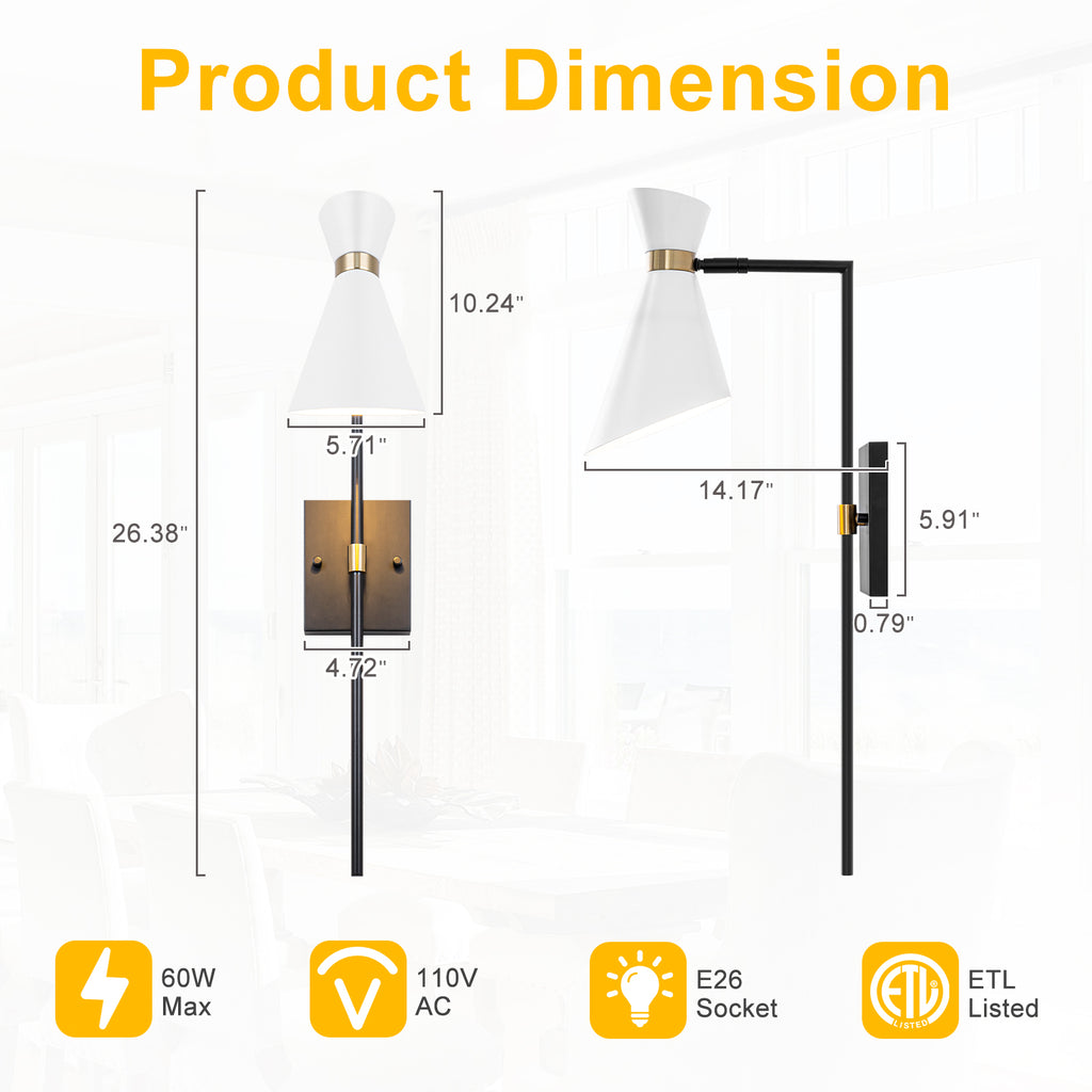 1-Light Black Indoor Wall Sconce with White Cone Metal Shade Modern - product image 6 | Zenvolit