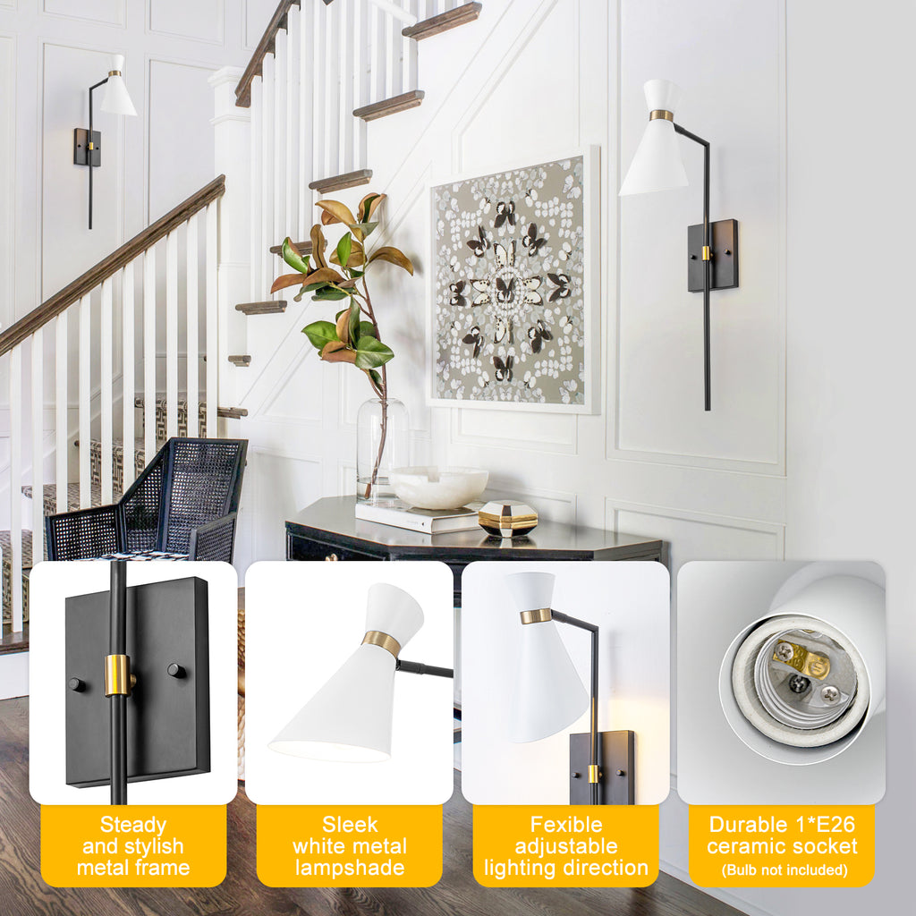 1-Light Black Indoor Wall Sconce with White Cone Metal Shade Modern - product image 8 | Zenvolit