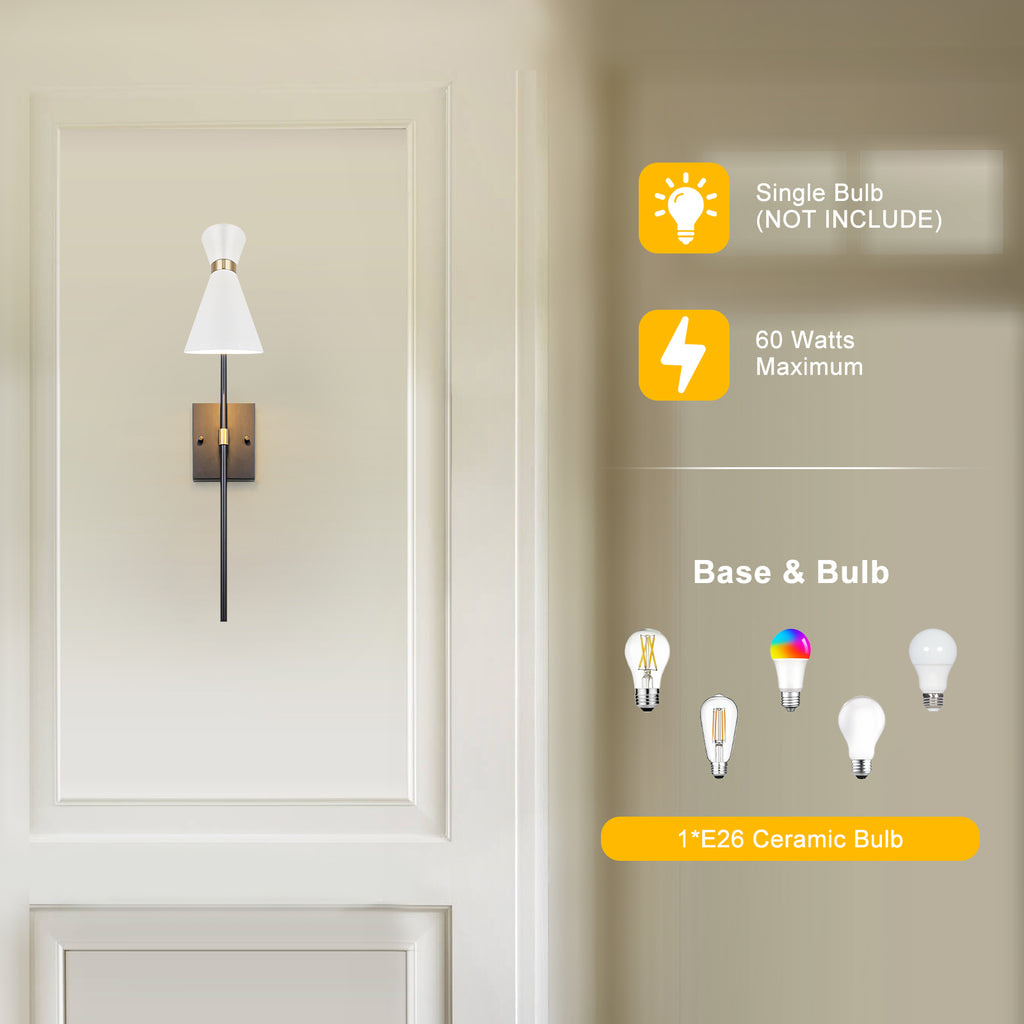 1-Light Black Indoor Wall Sconce with White Cone Metal Shade Modern - product image 9 | Zenvolit