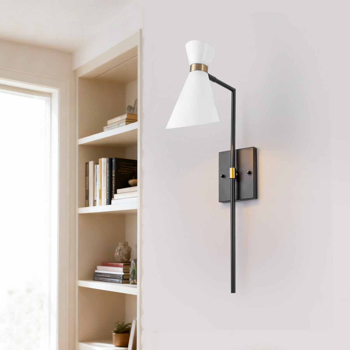 1-Light Black Indoor Wall Sconce with White Cone Metal Shade Modern - product image 12 | Zenvolit