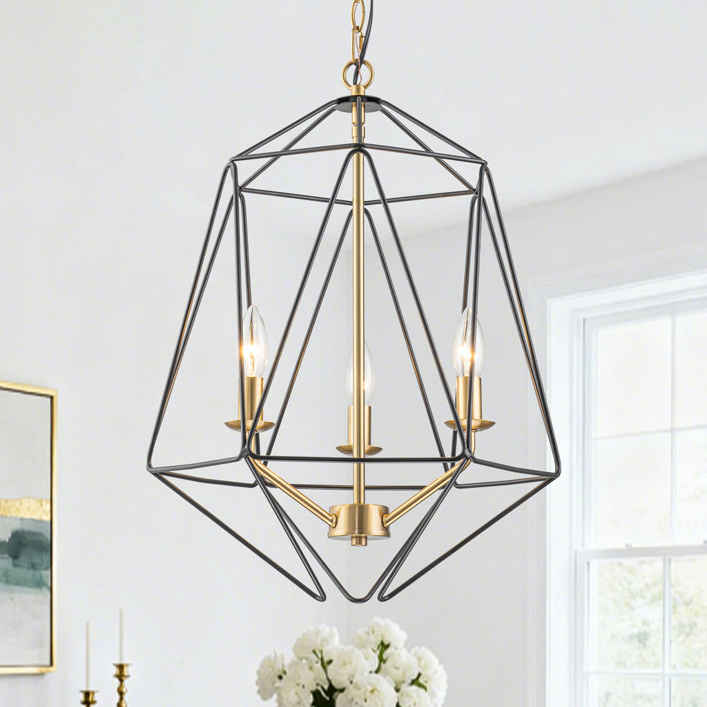 3-Light Industrial Black & Gold Caged Iron Chandelier - Geometric - product image 1 | Zenvolit