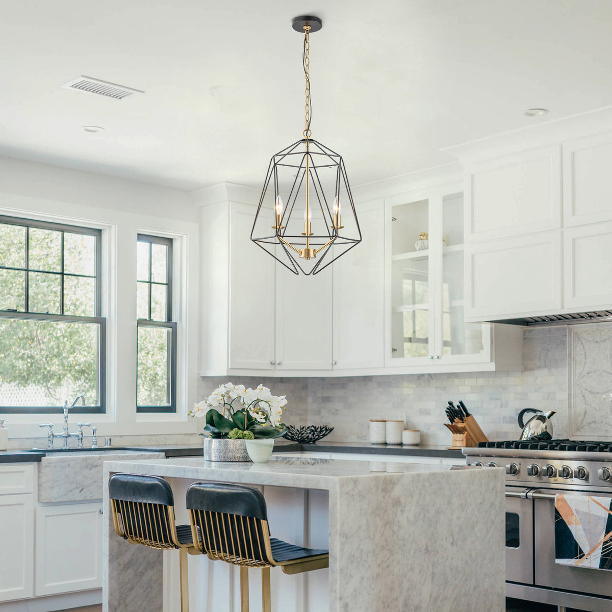 3-Light Industrial Black & Gold Caged Iron Chandelier - Geometric - product image 4 | Zenvolit