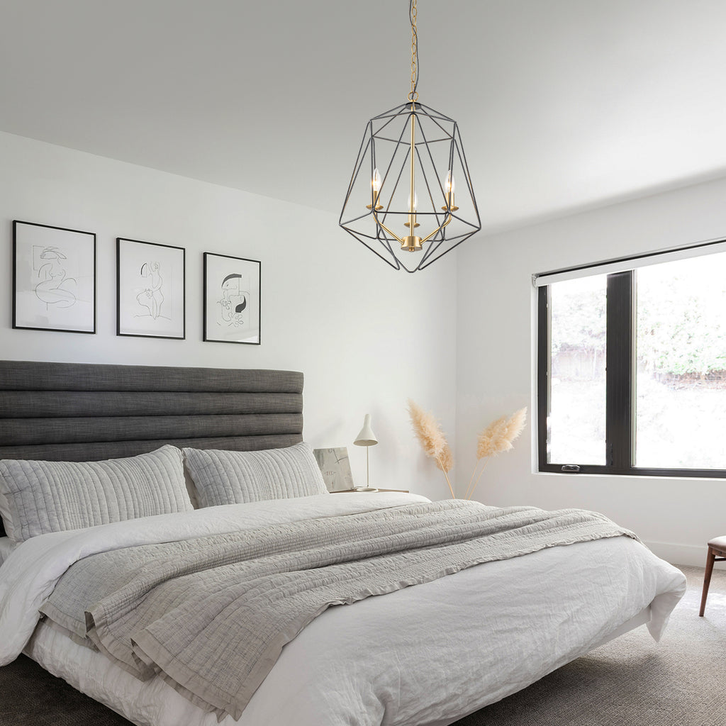 3-Light Industrial Black & Gold Caged Iron Chandelier - Geometric - product image 5 | Zenvolit