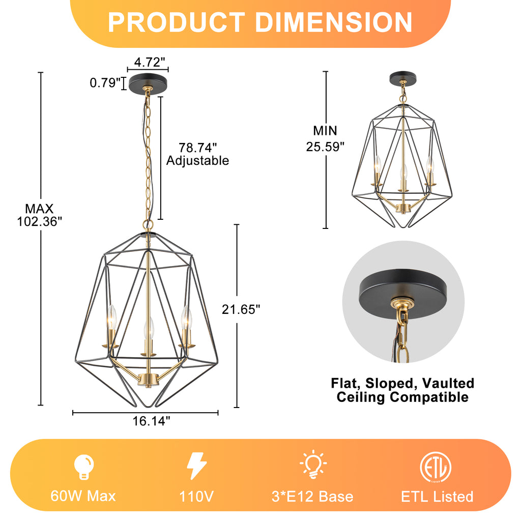 3-Light Industrial Black & Gold Caged Iron Chandelier - Geometric - product image 7 | Zenvolit