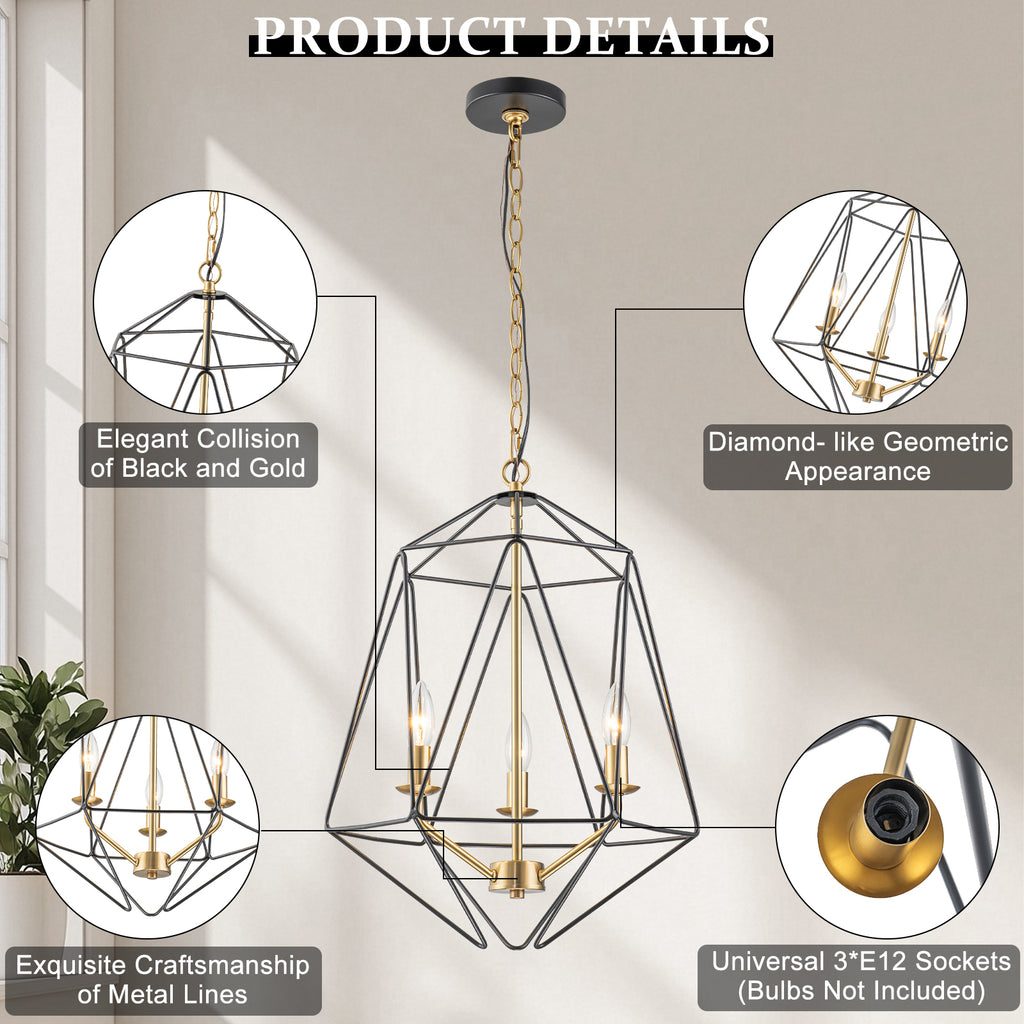3-Light Industrial Black & Gold Caged Iron Chandelier - Geometric - product image 14 | Zenvolit