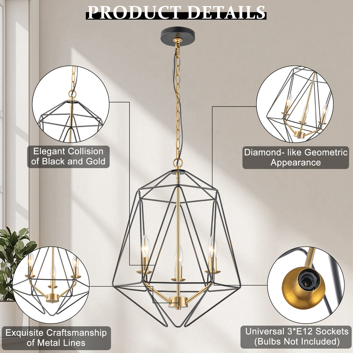 3-Light Industrial Black & Gold Caged Iron Chandelier - Geometric - product image 14 | Zenvolit